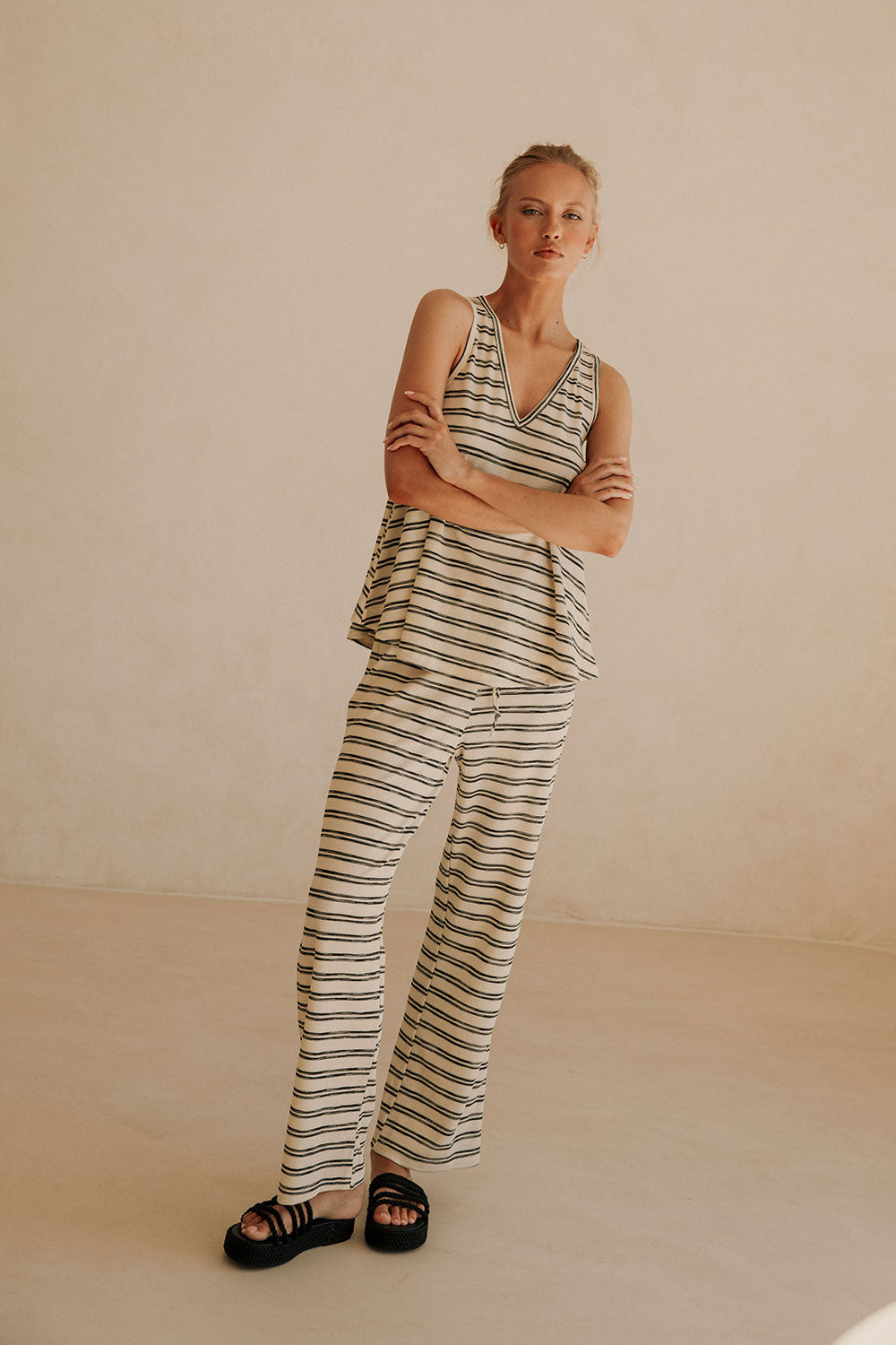 Black And White Stripe Relaxed Drawstring Lana Pants
