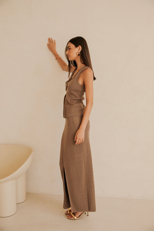 Bridget Split Knit Top - Chocolate Brown
