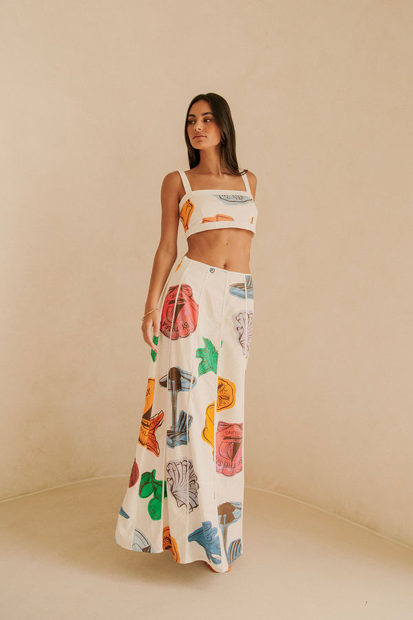 Audrey Panelled  Maxi Skirt - By The Sea Print White, Blue, Orange, Yellow, Pink, Green, Tropical
