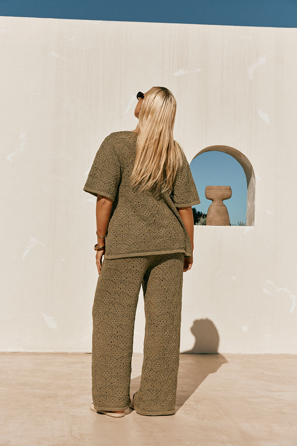 Khaki Green Crochet Knit Button Up Umiko Top