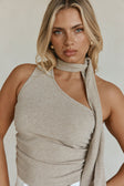 Beige Ribbed Asymmetric Neck Tie Mourno Top