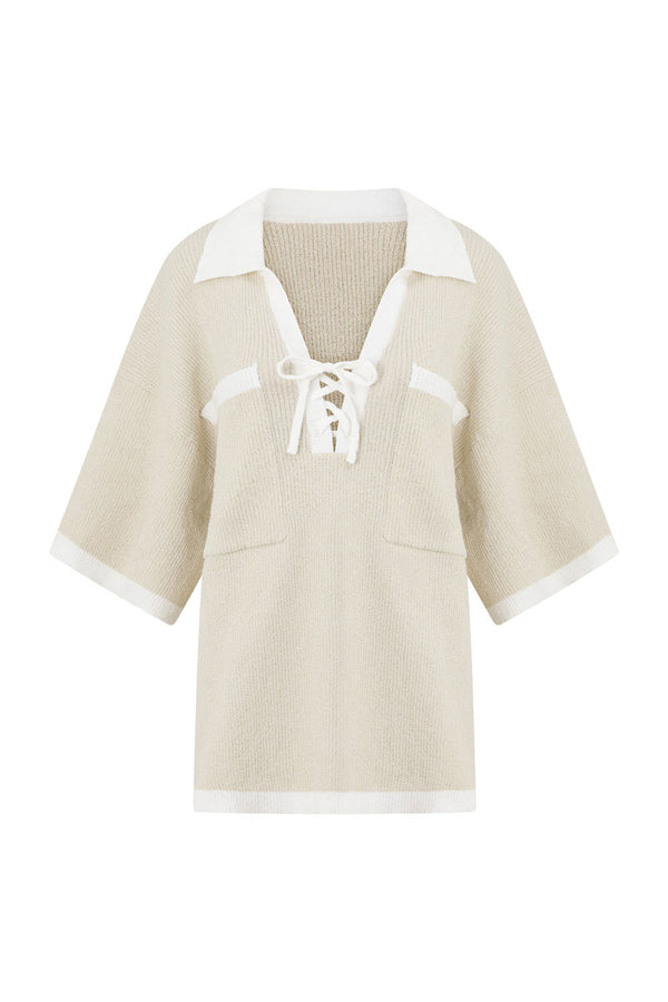 Beige Short sleeve Collar Tie Jess Top
