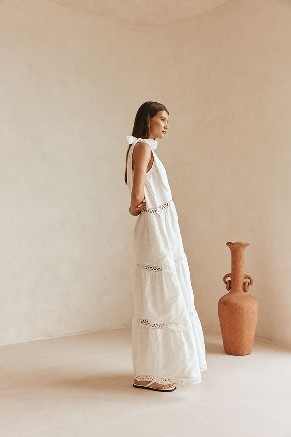 White Cotton One Shoulder Flouncy Maxi Juliette Dress