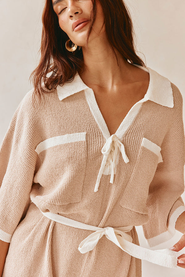 Tan Collar V Neck Tie Sammi Playsuit