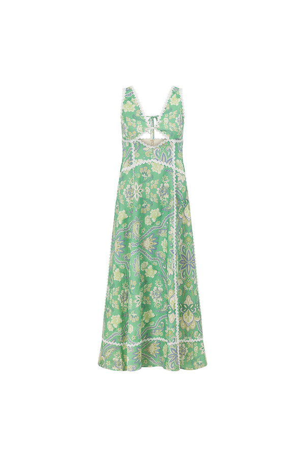 Green Floral Heritage Print V Neck Maxi Evia Dress