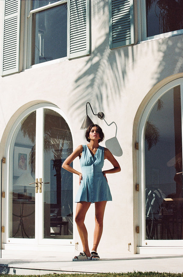 Blue V Neck Button Up Mini Shaelagh Dress