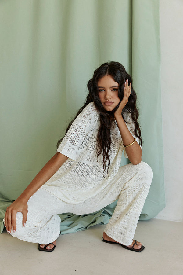 Cream Crochet Relaxed Short Sleeve Nixie Top