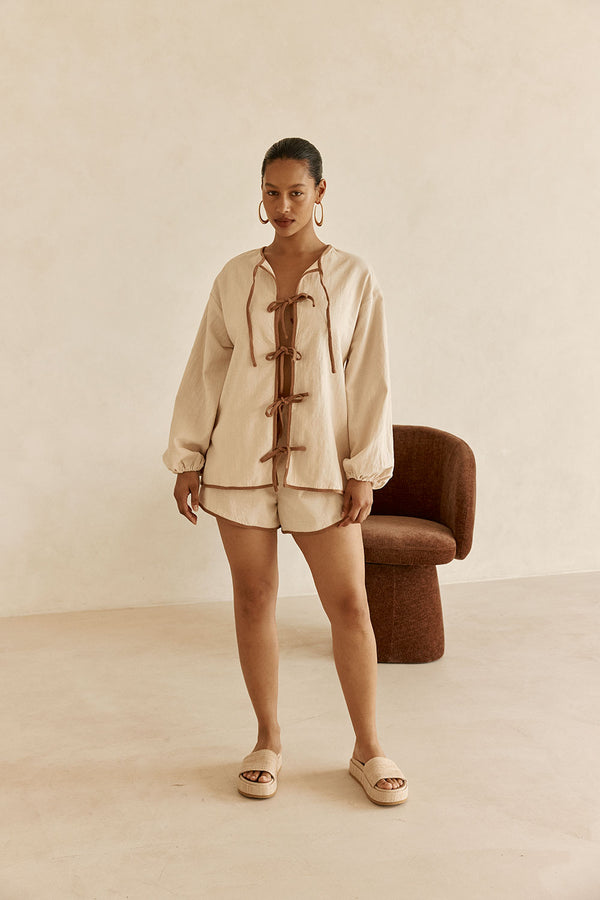 Beige High Waist Elastic Drawstring Paloma Shorts