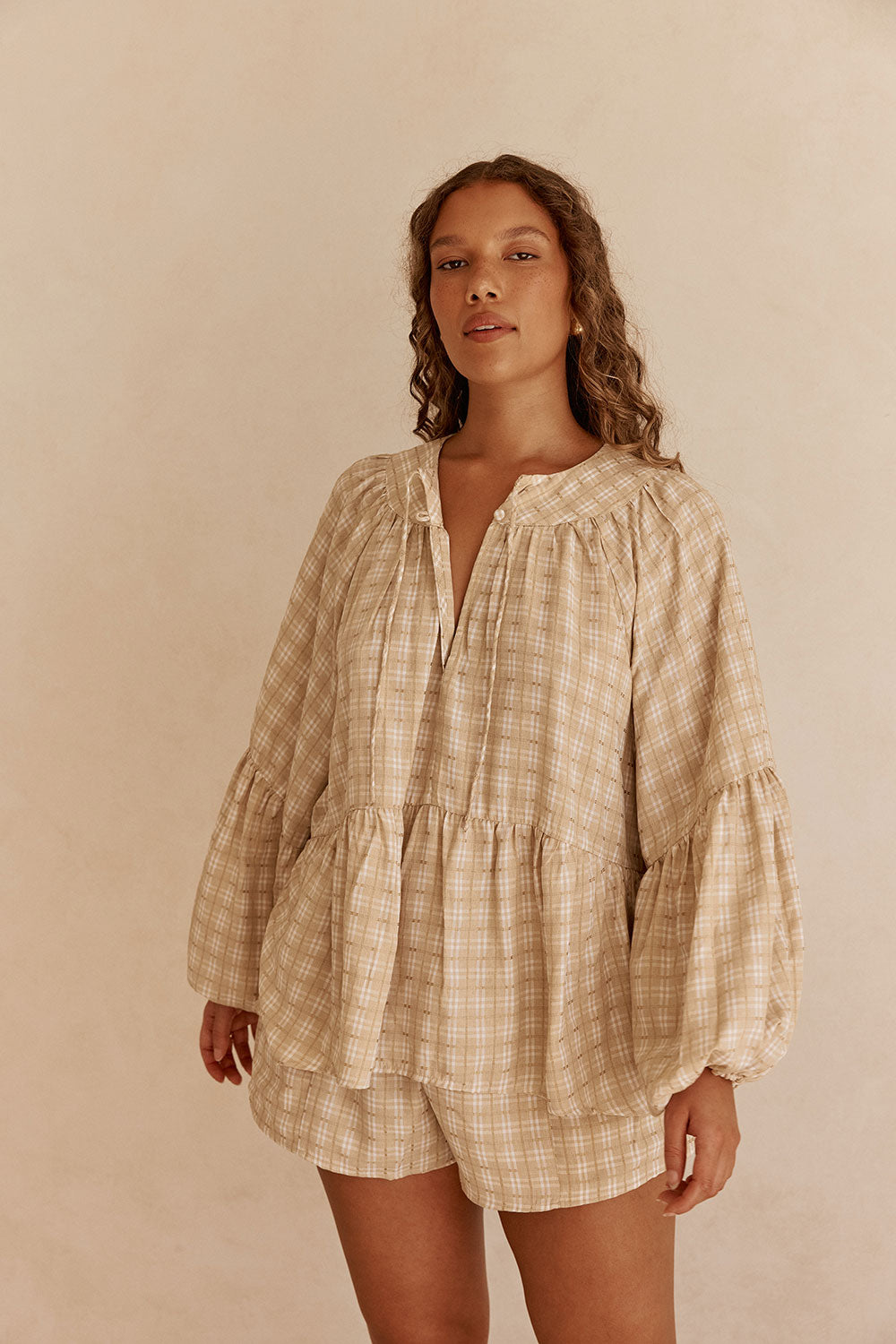 Khaki Gingham Flouncy Puff Sleeve Rylia Top