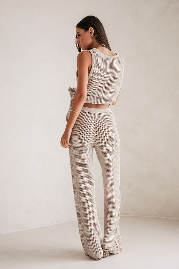 Beige Knit Elastic High Waist Ailish Pants