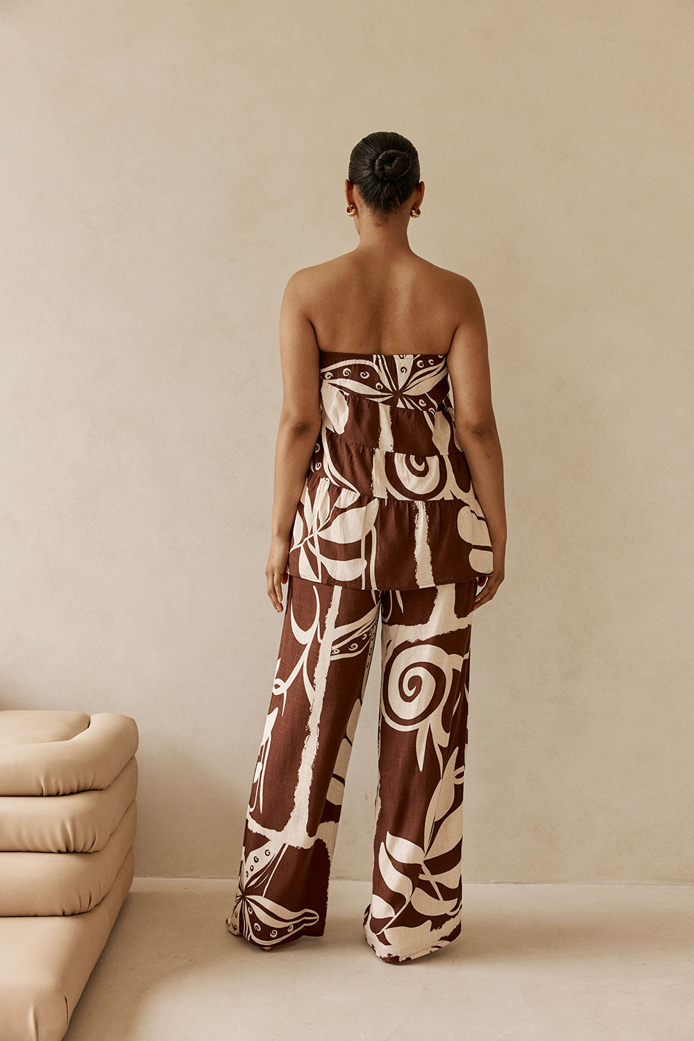 Brown and Cream Painted Tiles Strapless Presley Top