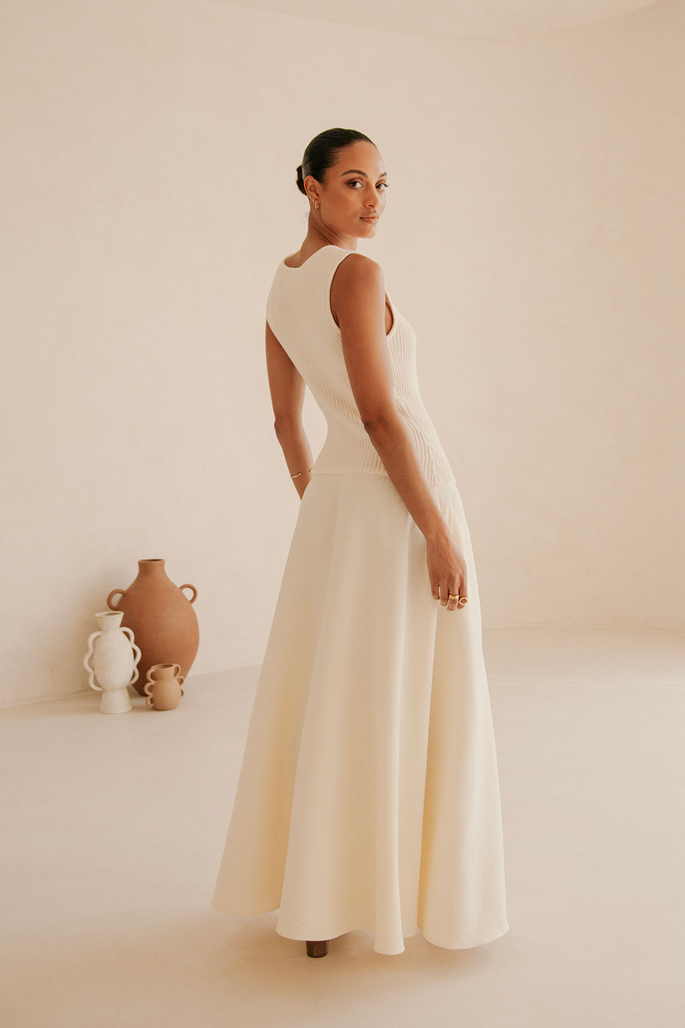 Cream Ribbed Round Neck Flowy Maxi Bryce Dress