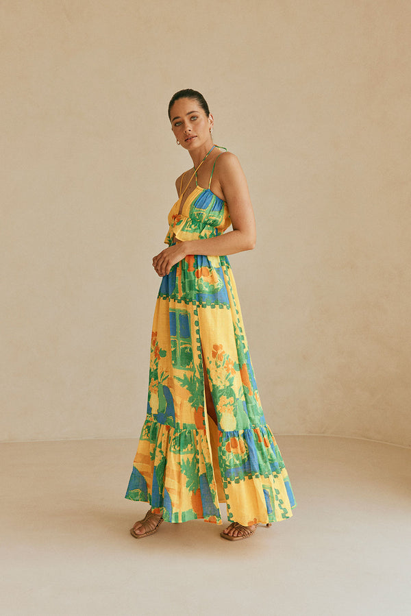 Leigh Cutout Maxi Dress - Green, Blue & Orange Morning Yellow Print