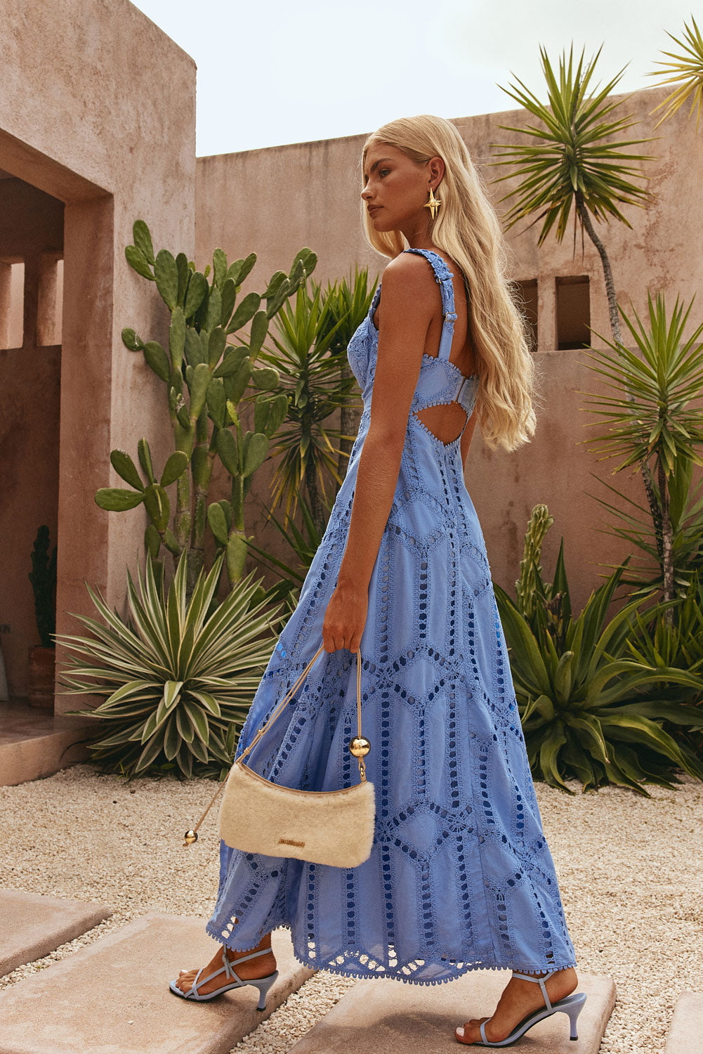 Blue Cotton Cutwork Flouncy Maxi Camilla Dress SABO Blue Cotton Cutwork Flouncy Maxi Camilla Dress SABO