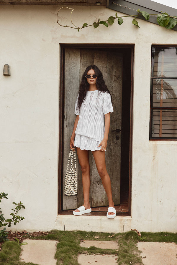 White Wave Knit Short Sleeve Leah T Shirt Top