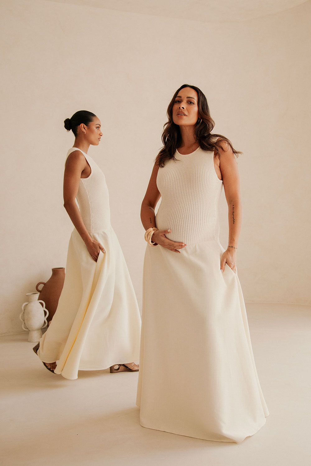 Cream Ribbed Round Neck Flowy Maxi Bryce Dress