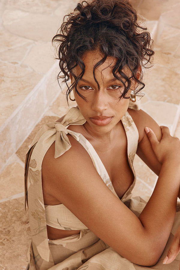 Maivie Tropical Cutout Tie Maxi Dress - Brown, Green Tawny Bloom Print