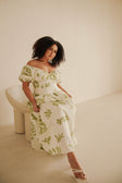 Leesa Puff Sleeve Midi Corset Dress - Floral Print White, Green