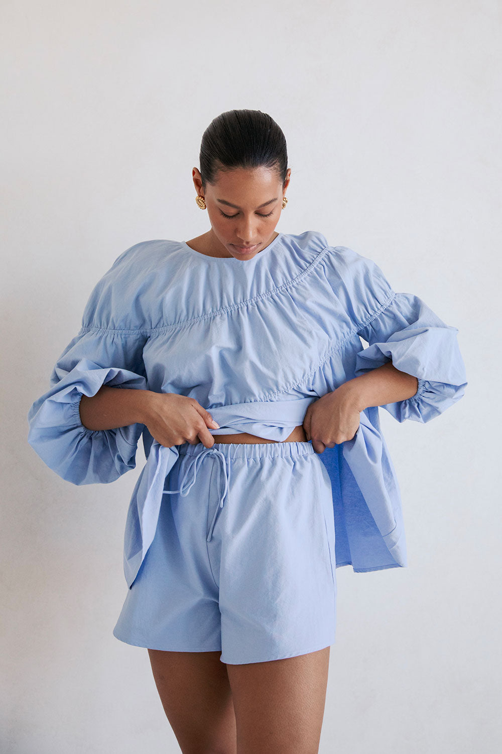 Blue High Waist Elastic Drawstring Akel Shorts