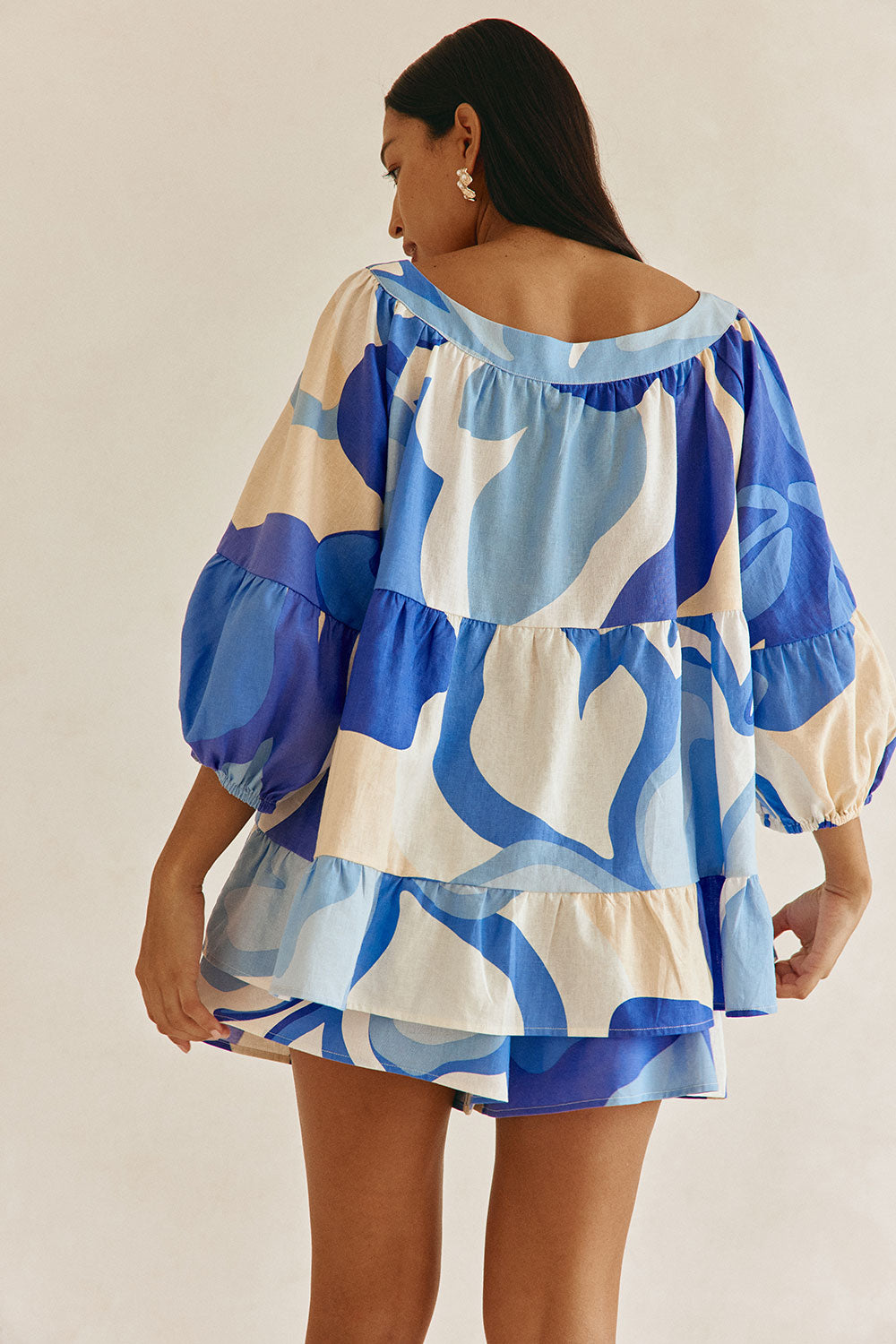 Valley Blue Print Puff Sleeve Button Elara Top