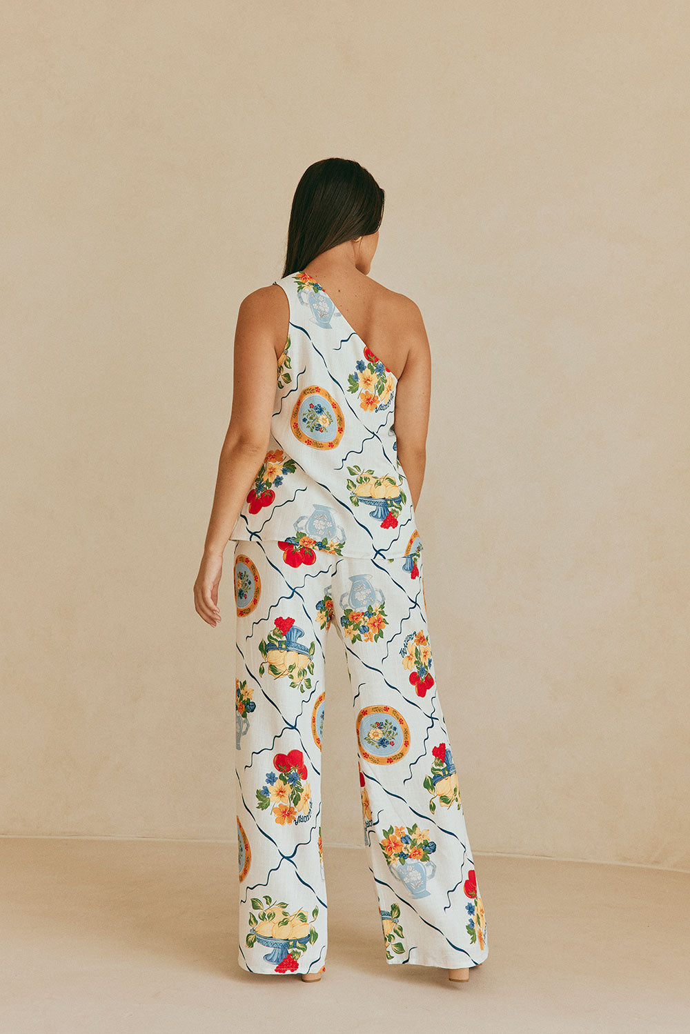 White Trattoria Print One Shoulder Tie Giuliana Top