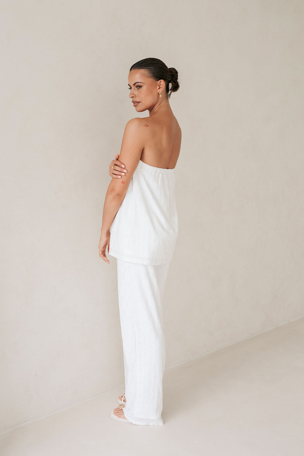 White Elastic Gathered Strapless Ellira Top