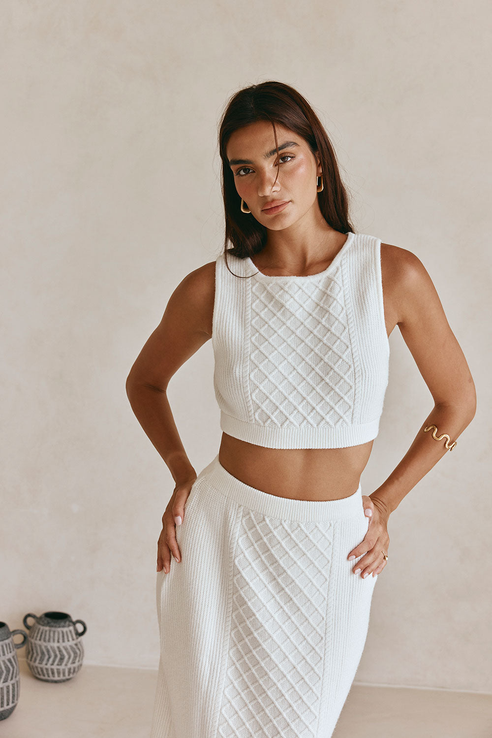 White Cable Knit Crop Lotus Top