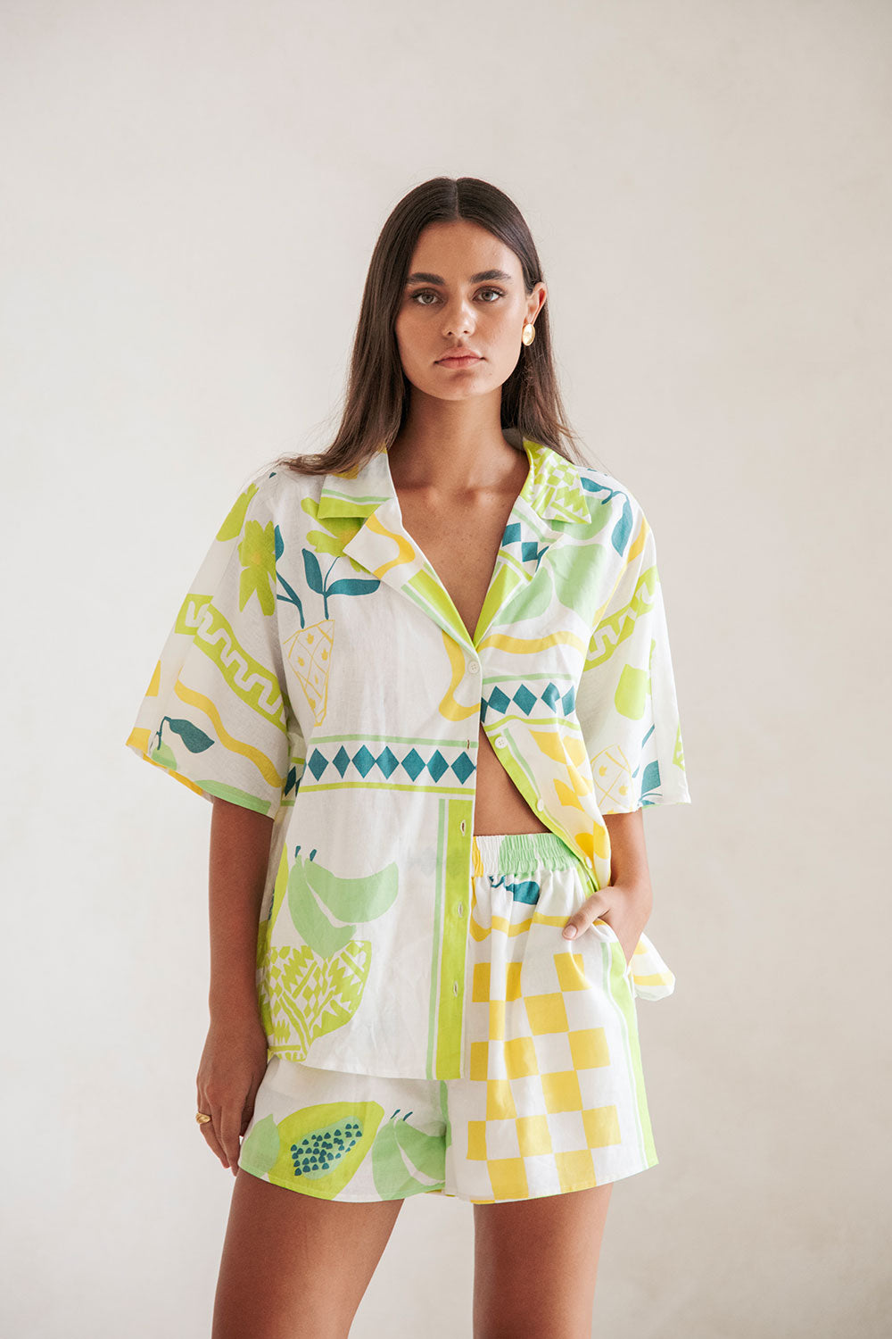 White Prego Verde Print Button Up Collar Seona Top