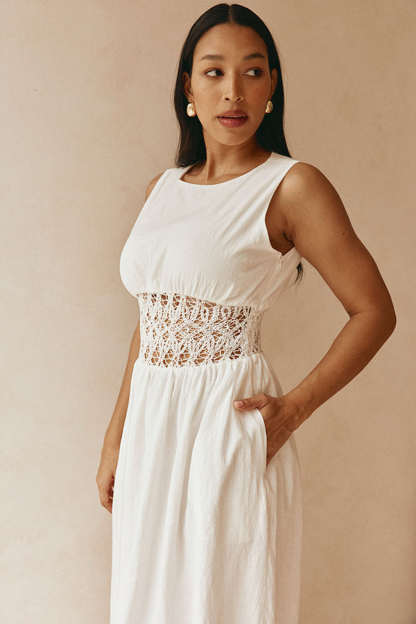 White Cotton Lace Gathered Maxi Cora Dress