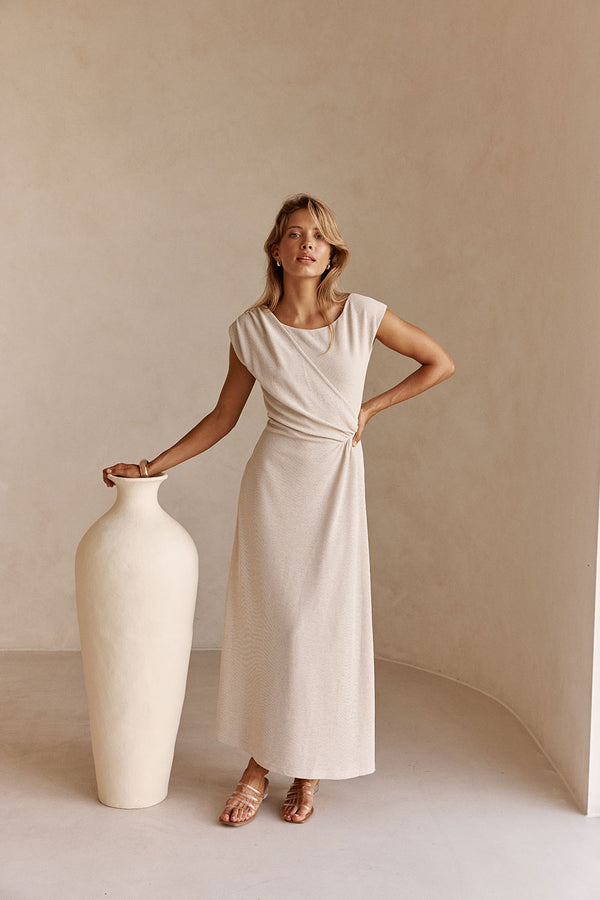 Beige Off Shoulder Ruched Maxi Juno Dress