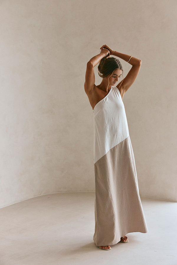Beige White Two Tone One Shoulder Maxi Ellita Dress