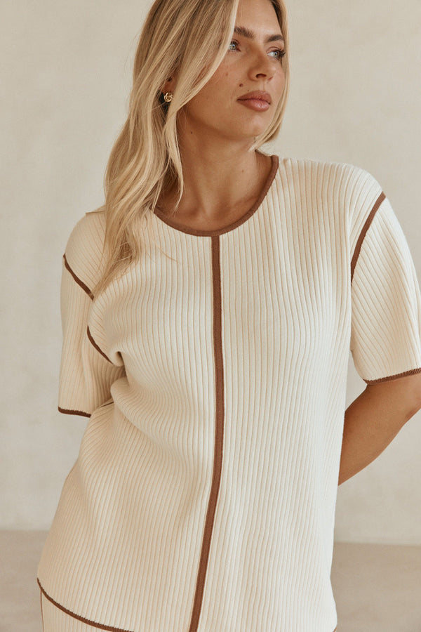 Off White Ribbed Boxy Short Sleeve Cinna Top