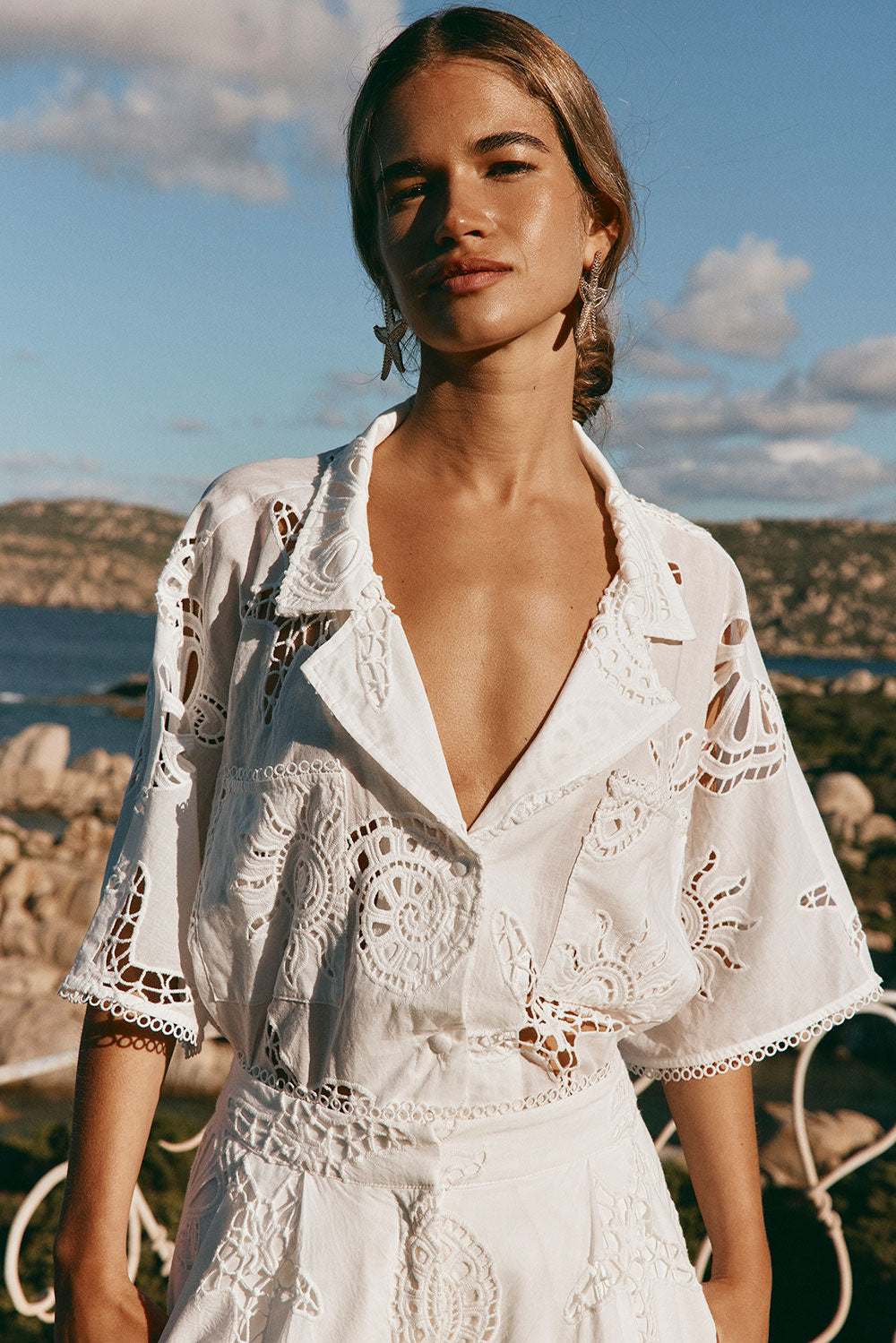 Nissi Collared White Embroidered Short Sleeve Shirt - Corallo Bianca