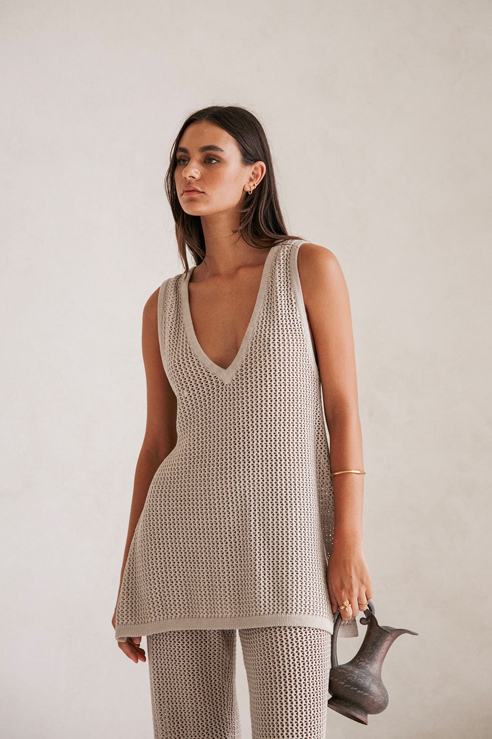 Beige Knit V Neck Ailish Top