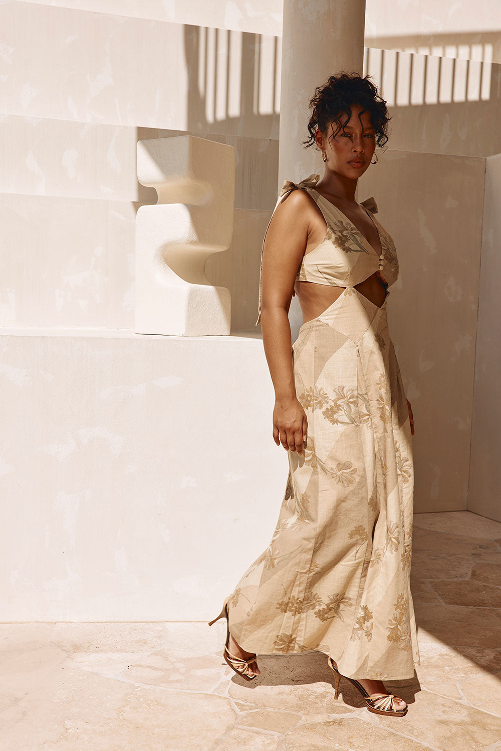 Maivie Tropical Cutout Tie Maxi Dress - Brown, Green Tawny Bloom Print