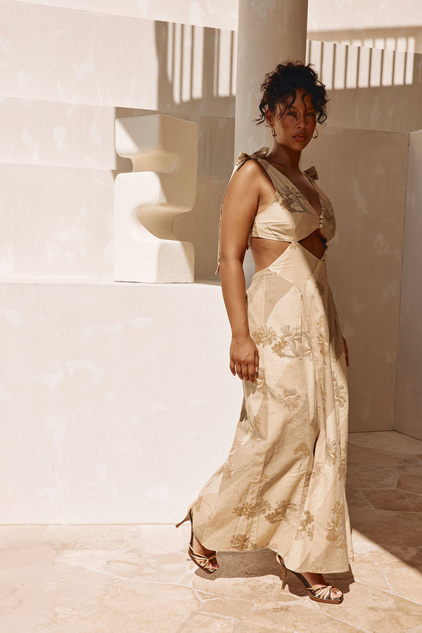 Maivie Tropical Cutout Tie Maxi Dress - Brown, Green Tawny Bloom Print