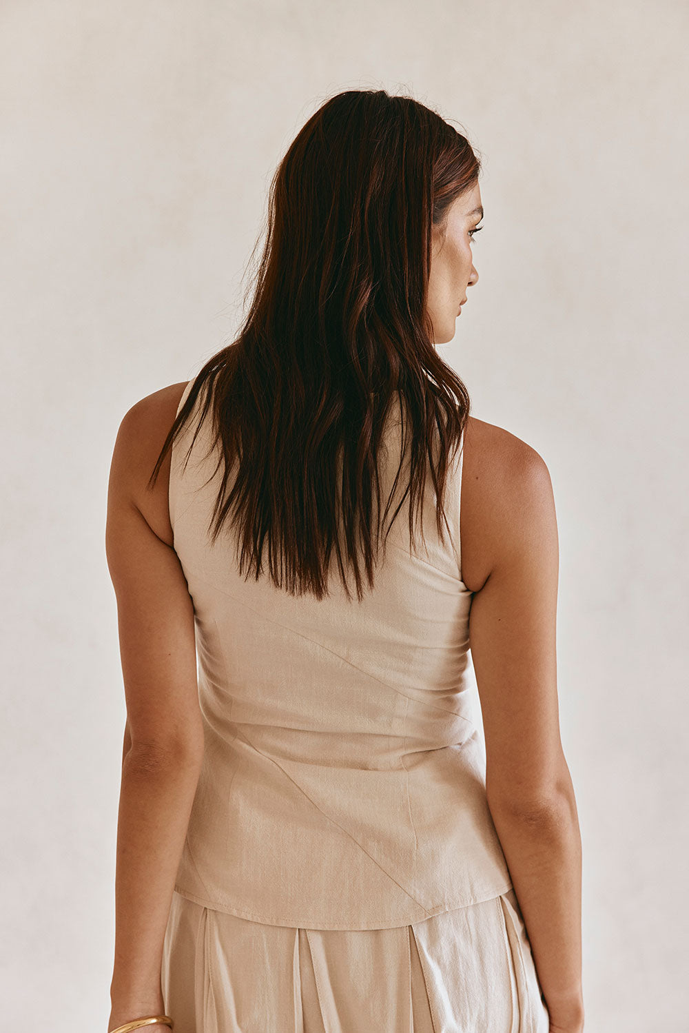 Beige Cotton Round Neck Button Up Panel Adri Top