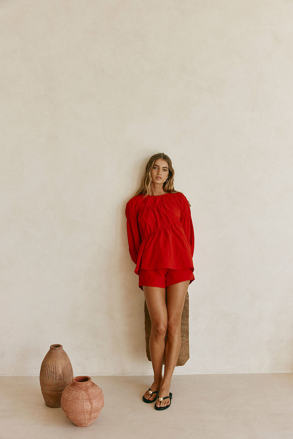 Cherry Red Long Sleeve Panelled Flounce Akel Top