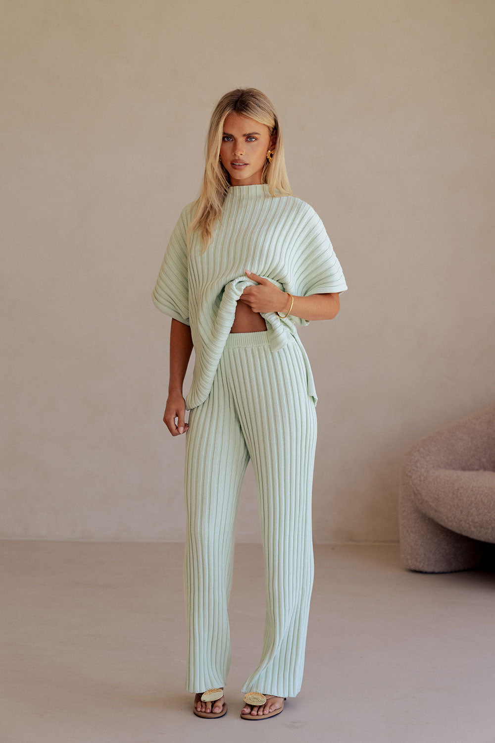 Mint Green Ribbed Knit Celine Pants