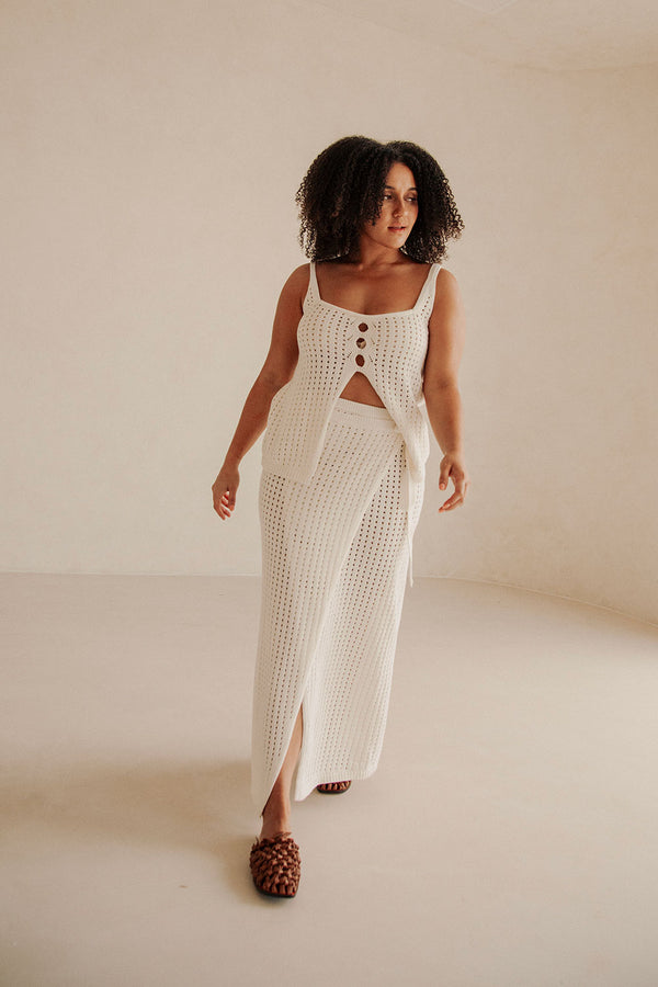 Nia Wrap Knitted Split Maxi Skirt - White