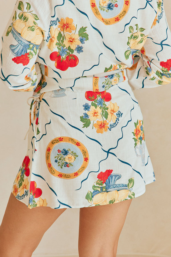 White Trattoria Print Wrap Mini Alessia Skirt