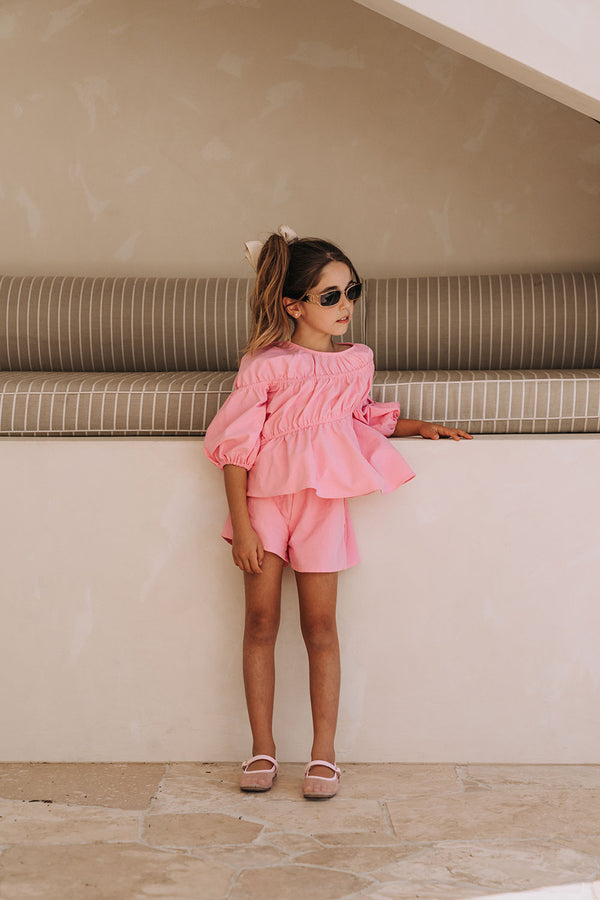 Pink Ruched Puff Sleeve Bikkie Mini Top