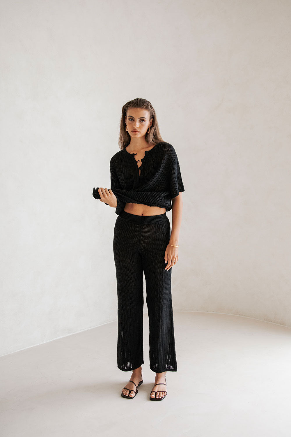 Black Knit Elastic High Waist Wide Leg Zayna Pants