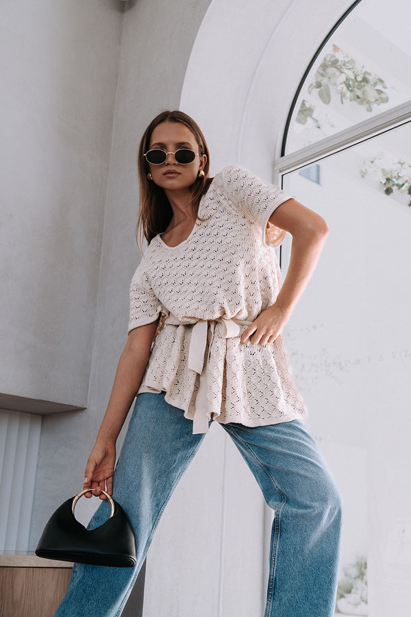 Cream Pointelle Knit Waist Tie Mini Demi Dress