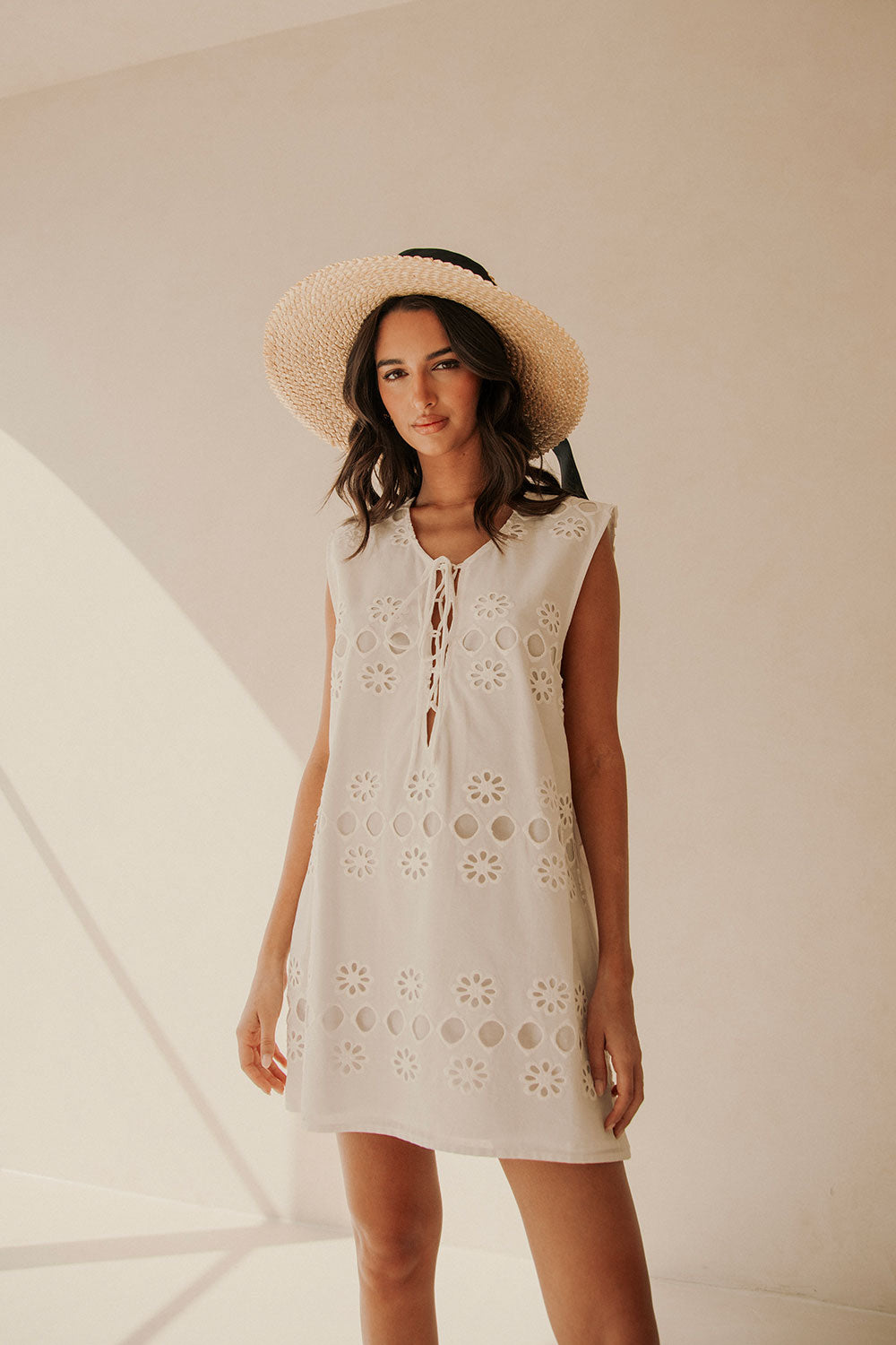 White Embroidered Front Tie Mini Aisha Dress