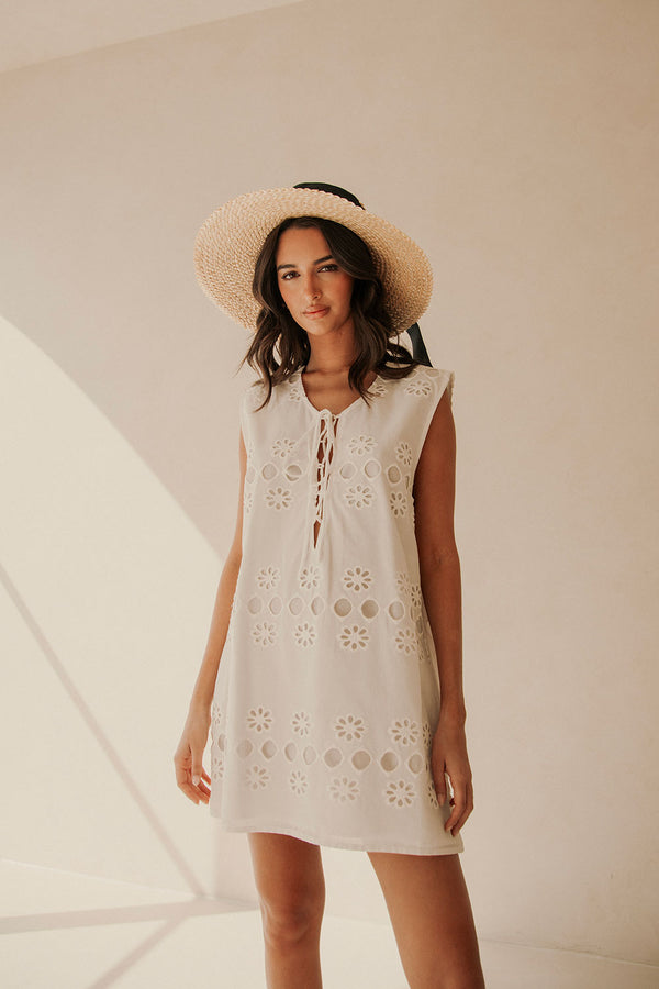 White Embroidered Front Tie Mini Aisha Dress