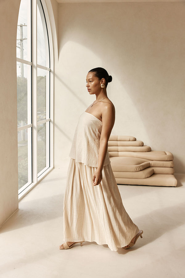 Beige Boxy Pleated Maxi Aviana Dress