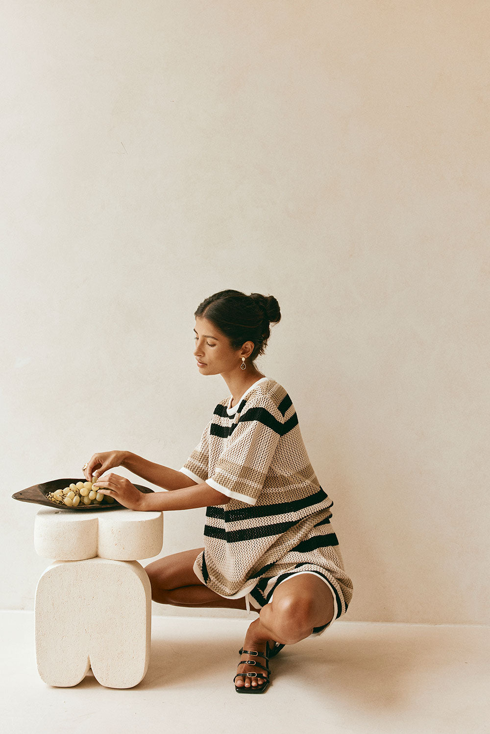 Quinn Elasticated Tie Front Stripe Shorts - Tan, Beige, Black Stripe