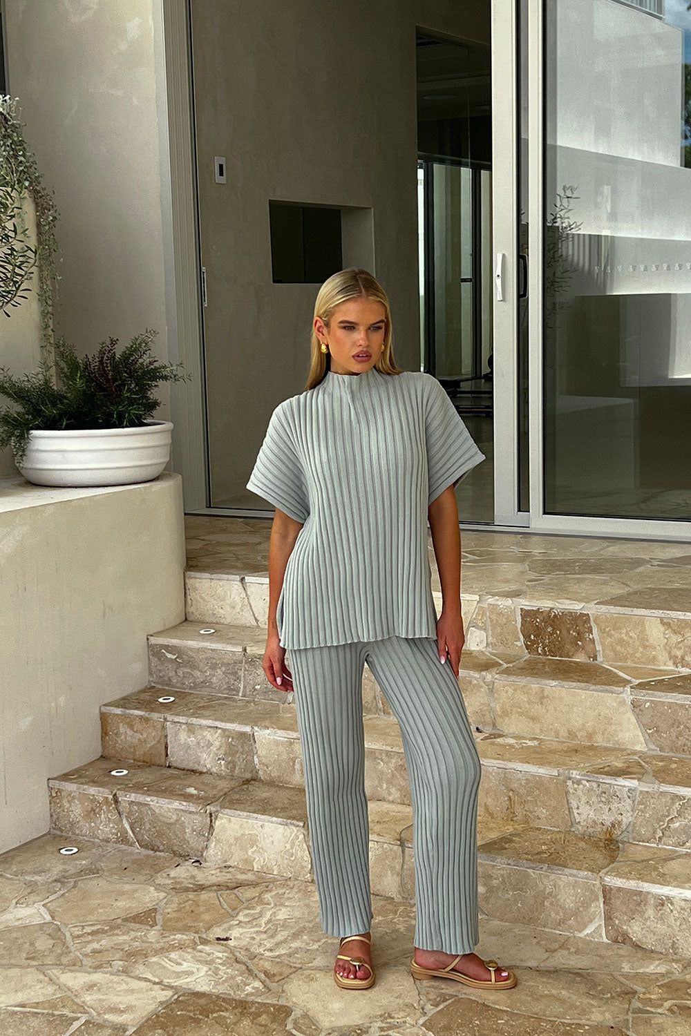 Grey Ribbed Knit High Waist Elastic Celine Pants