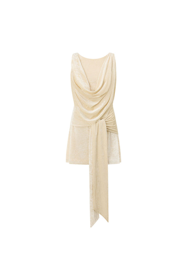 Beige Suede Plunge V Neck Tie Mini June Dress